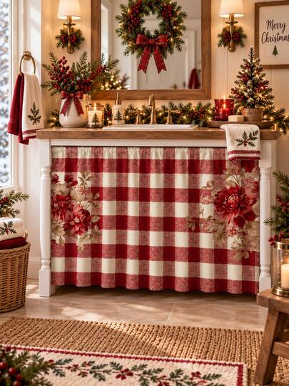 1 pieza Cortina de gabinete navideña a cuadros rojos y blancos, falda de fregadero con estampado floral a cuadros rojos y blancos vintage, cortina de cocina navideña de estilo pastoral, decoración navideña para gabinete de almacenamiento abierto bajo el mostrador, decoración de cocina para el hogar