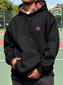 Herrsporttröja, avslappnad streetwear för utomhusbruk, enfärgad långärmad hoodie med muddar, dragsko och schackrutigt mönster, höst/vinter - Svart - Visa 3