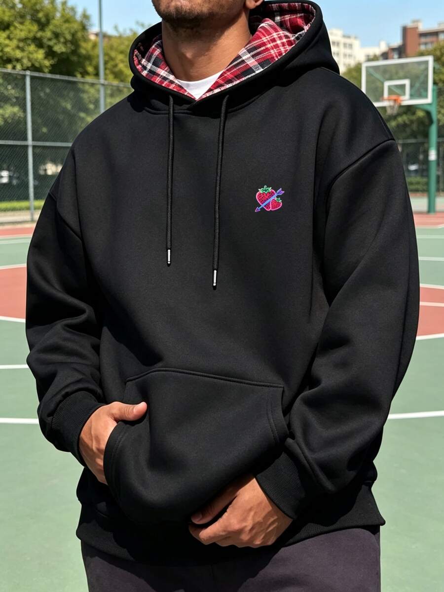 Men's Sports Sweatshirt, Outdoor Casual Streetwear, Solid Color Long Sleeve Cuffed Hooded Pullover With Drawstring And Checkerboard Pattern, Autumn/Winter - Black - View 1
