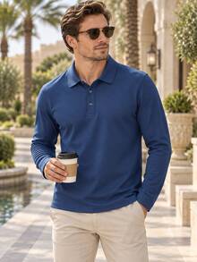 Men's Golf Long Sleeve Polo Shirt, Navy Blue Button Placket Regular Fit Collared Top, Classic Outdoor Golf Course Casual, Party Date Running Sports - Navy Blue - View 5