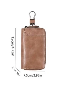 Tempat Kunci Kulit Asli Vintage untuk Pria, Dompet Kunci Kapasitas Besar untuk Kunci Mobil & Kartu, Kantong Kunci Portabel Anti-Hilang untuk Perjalanan Sehari-hari - Coklat - View 2