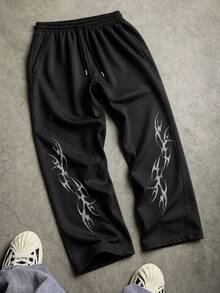 FRACTYR Men's Dark Street Style Wide Leg Sweatpants, Dual Side Totem Pattern Elastic Drawstring Draped Loose Fit Printed Long Pants - Black - View 4