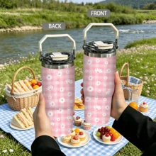 1/5pcs 30oz Portable Insulated Tumbler, Pink Plaid Bottom With White Daisy Flat Print, With Portable Handle Flip Lid, Stainless Steel Vacuum Insulation, Keeps Cold And Hot. Fresh And Soft Pastoral Style, Large Capacity Suitable For Outdoor Carry, Simple And Elegant, Perfect For Daily Use Or As A Thoughtful Gift For Your Best Friend. - Checkered Daisy - View 6