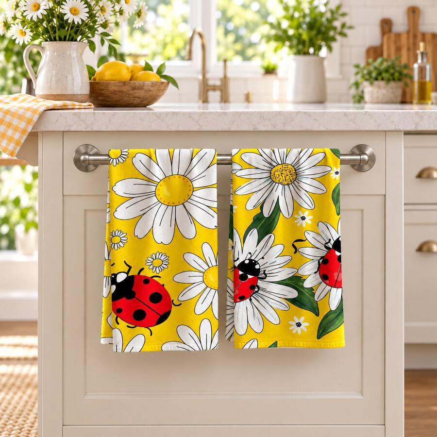 2pcs Yellow Daisy & Ladybug Print Kitchen Towels, Cute Red & Black Ladybug With White Flower And Green Leaf Pattern Hand Towels, Fresh Spring/Summer Pastoral Style Absorbent Dish Cloths Tea Towels, Suitable For Kitchen Cooking, Baking, Cleaning Wiping And Home Decor, Floral & Insect Theme Holiday Gift - Multicolor - View 1