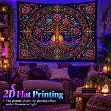 2D Flat Pattern, 1pc, Tree Of Life Tapestry, Vintage Mandala Design, Tree Of Life, Sun, Moon, Flowers, Starry Sky Pattern, Glows Under Fluorescent Light, Suitable For Wall Decor, Hanging, Bedroom Backdrop Or Party Decoration - Multicolor - View 2