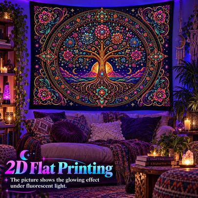 2D Flat Pattern, 1pc, Tree Of Life Tapestry, Vintage Mandala Design, Tree Of Life, Sun, Moon, Flowers, Starry Sky Pattern, Glows Under Fluorescent Light, Suitable For Wall Decor, Hanging, Bedroom Backdrop Or Party Decoration