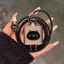 1 Set Korean Style Cool Black Cat Fish Bone Protector Set, Soft Shell Anti-Fall Anti-Scratch Protective Case Extends Lifespan, Minimalist Dark Style Compatible With Iphone 18-20W Charger, Can Be Used As Birthday, Holiday Creative Small Gift - Black Cat Little Fish - View 5
