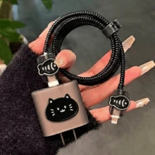 1 Set Korean Style Cool Black Cat Fish Bone Protector Set, Soft Shell Anti-Fall Anti-Scratch Protective Case Extends Lifespan, Minimalist Dark Style Compatible With Iphone 18-20W Charger, Can Be Used As Birthday, Holiday Creative Small Gift - Black Cat Little Fish - View 10