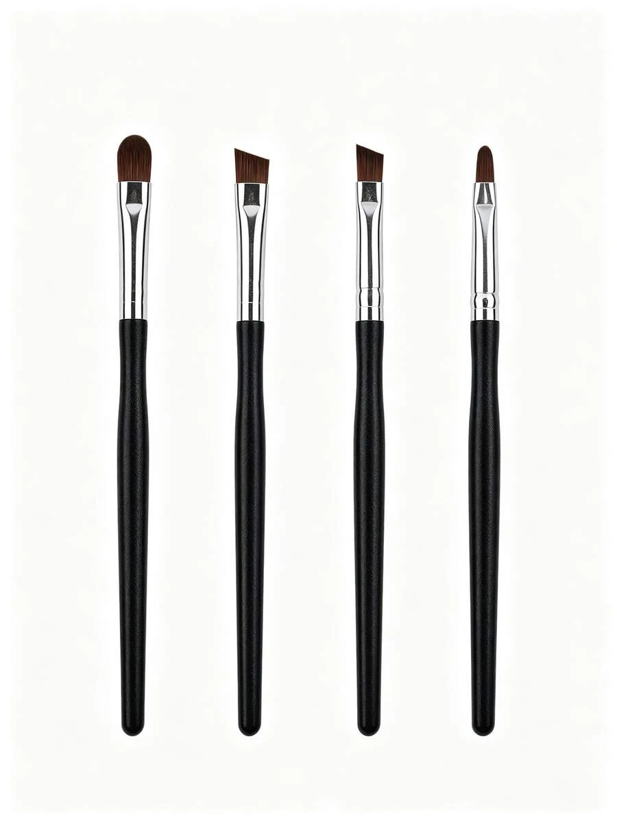 1/4Pcs Small Waist Handle Eye Makeup Brush Set, Soft Bristles Eyeshadow Blending Angled Brow Eyeliner Detail Brushes Professional Cosmetic Tools - Black - View 1