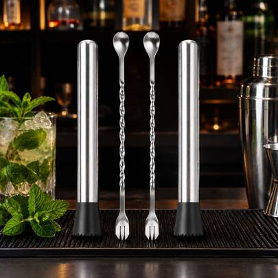 HAIJSEVRX 4Pcs 304 Stainless Steel Cocktail Muddler And Bar Spoon Set, 8-Inch Muddlers With Silicone Base, 10-Inch Twisted Stirrers, Minimalist Silver Tools For Home Bar
