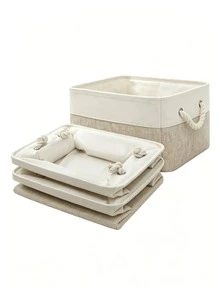 Minimalist Farmhouse Style Linen Blend Rectangular Storage Basket, Foldable Fabric Storage Bin With Thickened Cotton Rope Handles, Large Capacity, Suitable For Bedroom Closet, Shelf, Cabinet, Living Room, Home Organization And Storage - Multicolor - View 9