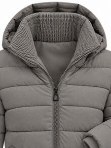Women's Textured Collar Zip Up Hooded Quilted Padded Jacket With Flap Pockets - Grey - View 7