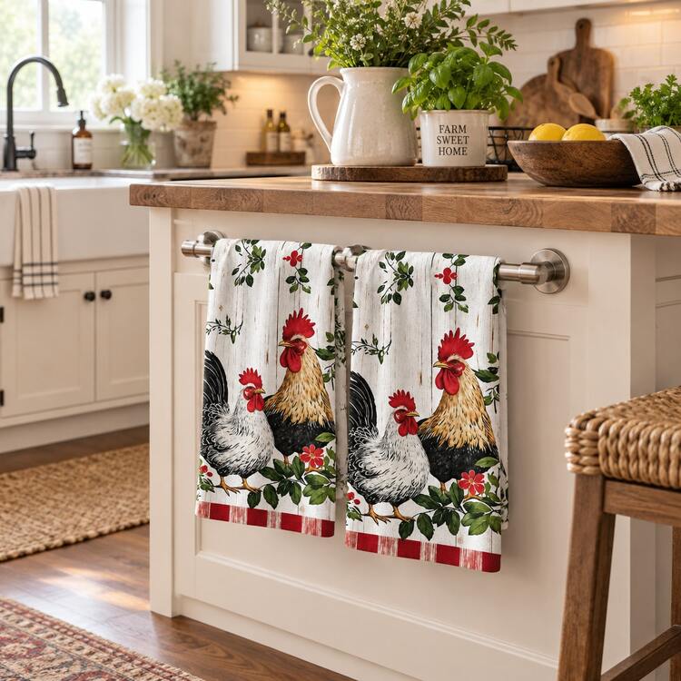 2 buah Handuk Dapur Motif Ayam Jantan & Ayam Betina, Gaya Pedesaan Vintage Motif Bunga Daun Hijau Kotak-kotak Merah, Handuk Tangan Dekorasi Rumah, Kain Lap Penyerap, Handuk Teh, Cocok untuk Memasak, Memanggang, dan Mengelap di Dapur, Hadiah Liburan - MultiWarna - View 3