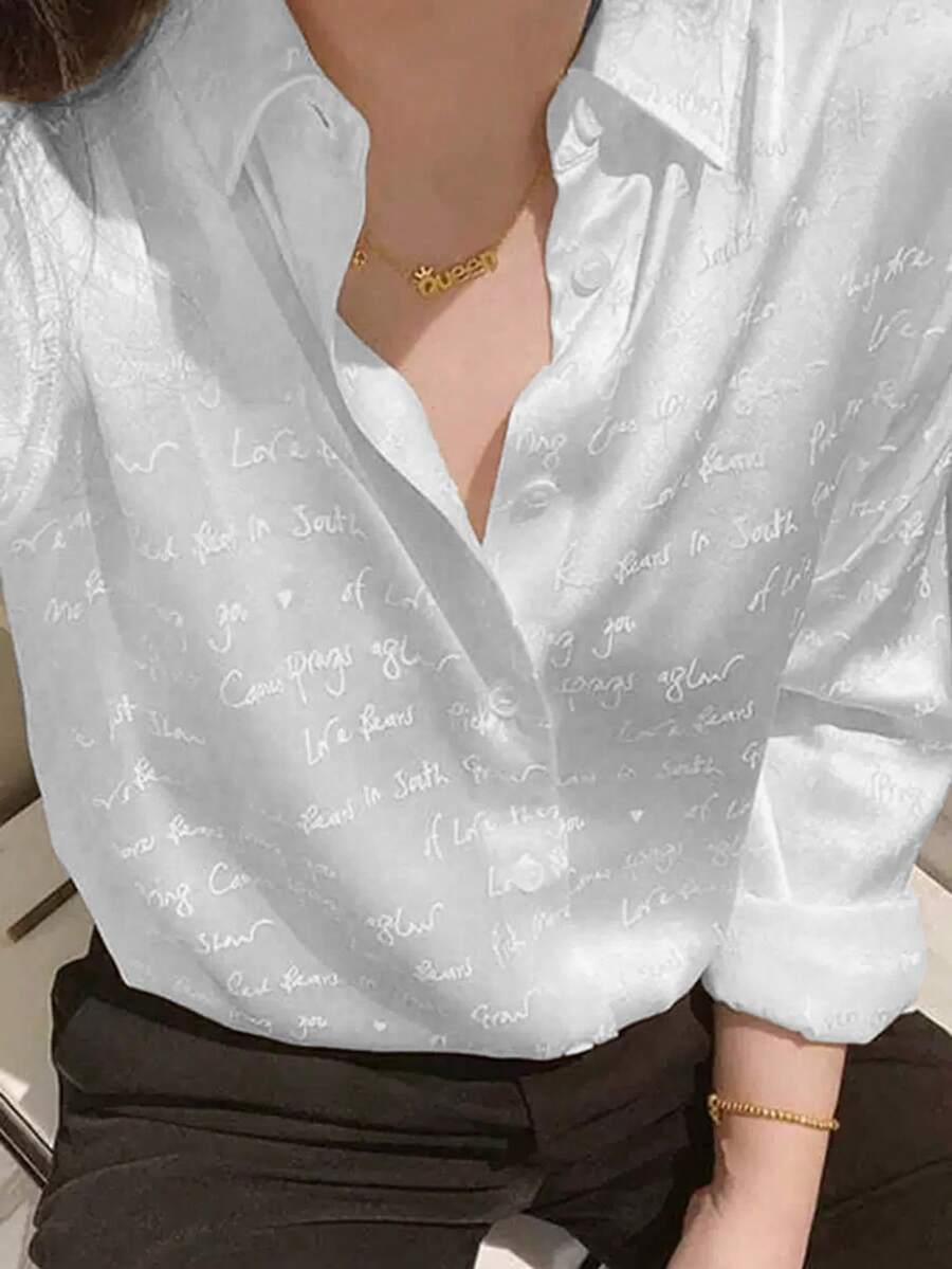 Elegant French High-End White Acetate Satin Blouse, Unique Design Jacquard Shirt, Long Sleeve Top Spring - White - View 1