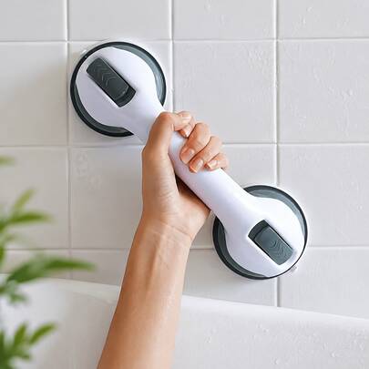 1/2pcs Bathroom Safety Grab Bar + Hook, Non-Slip Shower Assist Handle, Vacuum Suction Cup No-Drill Support Bar, Toilet Side Safety Rail For Elderly And Pregnant Women, Bathroom Bathing Anti-Slip Assist Handle, Easy Installation Home Bathroom Accessory