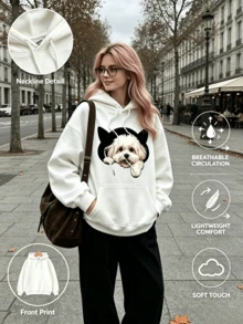 Sweet Cartoon Pet Print Hoodie, Relaxed Long‑Sleeve Top, Casual For Weekend Holiday, Fall‑Winter - White - View 1