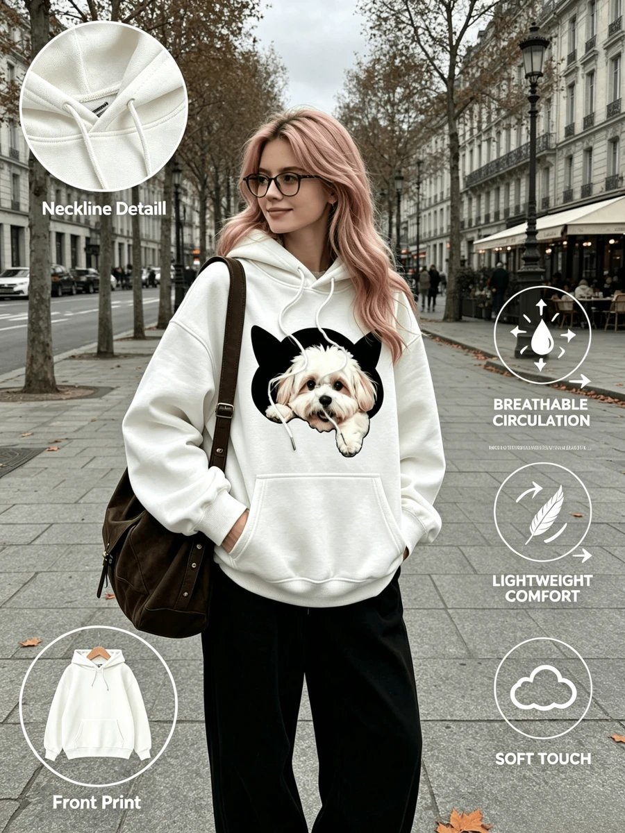 Sweet Cartoon Pet Print Hoodie, Relaxed Long‑Sleeve Top, Casual For Weekend Holiday, Fall‑Winter - White - View 1
