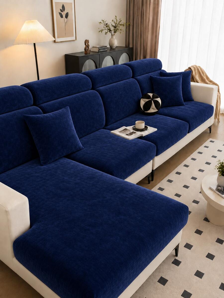 1pc Solid Color Silver Fox Fur Sofa Cover, High Elasticity Removable Washable All-Season Sofa Slipcover, Suitable For Patio, Garden, Poolside And Multiple Occasions, Single Piece Not Set Sofa Protector - Navy Blue - View 1