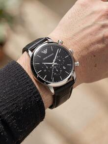 Emporio Armani Men's Chronograph Quartz Watch 46mm Polished Silver Stainless Steel Case Solid Black Matte Dial Black Genuine AR18281 - Black - View 6