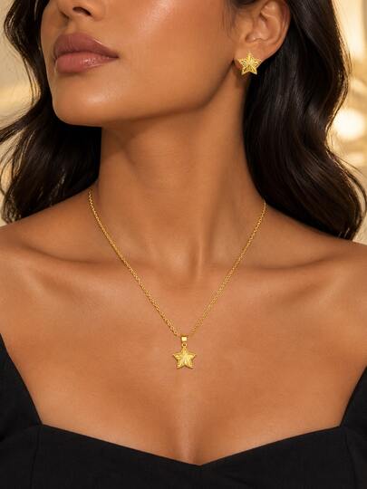 Letingsha Minimalist Classic Plated Stainless Steel Five-Point Star Pendant Necklace And Stud Earrings, Layerable Chain Necklace, Suitable For Daily Wear And Dates