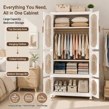 Foldable Children Clothing Storage Wardrobe With Wheels, Children's Wardrobe Portable Closet,Hanger & Layering PP Bedroom Storage Cabinet , Quick Easy Installation Portable Armoire For Bedroom Daily Clothes Sundries Storage - White - View 6