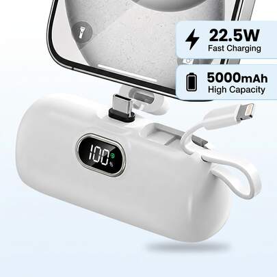 White 5000mAh Power Bank With A Black Readout In A Gold-Tone Display Frame. A Travel Essential For A College Homecoming Visit, With A Portable Charge During Campus Meetups And A Coffee Break Before The Trip Back Home. This Charger Supports Compatible Smartphones With 22.5W Fast Charging, Featuring A Built-In Plug And Attached Cable On Its Capsule Body.