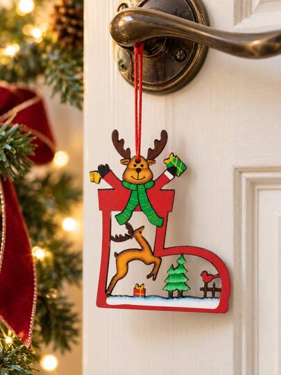 1pc Reindeer Hanging Ornament Red Green Rustic Farmhouse Holiday Tree Pendant With Deer Gift Pine Tree Design For Christmas Tree Door Knob Fireplace Garland Window Party Home Decor Winter Seasonal Gifting