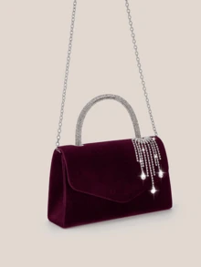 REMANLAND Charming Burgundy Handbag With Crystal Decorated Handle And Draping Details, Elegant Party Clutch Suitable For Banquets, Receptions And Evening Gowns - Burgundy - View 4