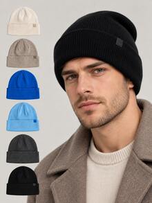 Men's Solid Color Rib Knit Beanie Hat, Slouchy Cuffed Winter Warm Hat, Soft Stretch Skull Cap For Casual Outdoor Wear - Knitted Hat - View 6
