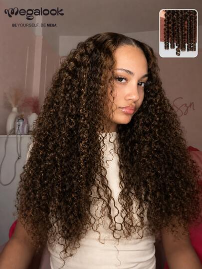 MEGALOOK Wig Lace Front 13x6, Keriting Burma, 100% Rambut Manusia, Model Tali Serut, Cokelat Tua dengan Highlight, Lace Sudah Dipotong, Garis Rambut Sudah Dicabut, Garis Rambut Alami, Cocok untuk Pemula, Wanita