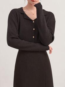 Alicedudu 女款秋冬極簡法式風領口假鈕扣套頭衫 - 咖啡棕 - 查看 3