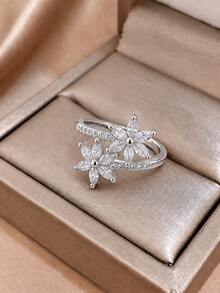 1pc Girl's Cherry Blossom White Square Crystal Ring, Adjustable Flower Ring, Delicate Stackable Jewelry For Girls Party Prom Dates & Daily - one-size - View 2
