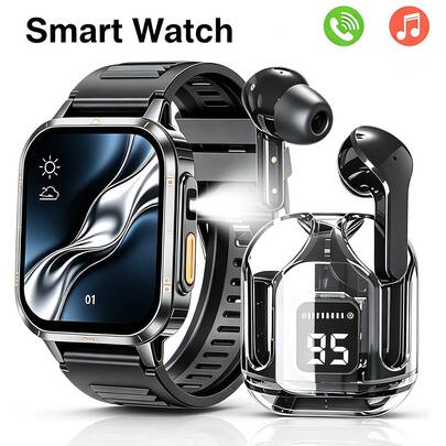 ZhiKexing Sports Smart Watch + Earphone Set, 1.83 Inch Full Screen Touch Sports Smart Watch, 260MAH Battery With LED Light, Suitable For Men And Women Sports Outdoor Smart Watch, With Wireless Call/Message Reminder/Multiple Sports Modes, Information Reminder Multi-Function Phone Answer/Dial, Remote Photo/Music Playback, Sports Log Fitness Smart Watch, Wireless Connection Compatible With IOS And Android Phones, Holiday Gift