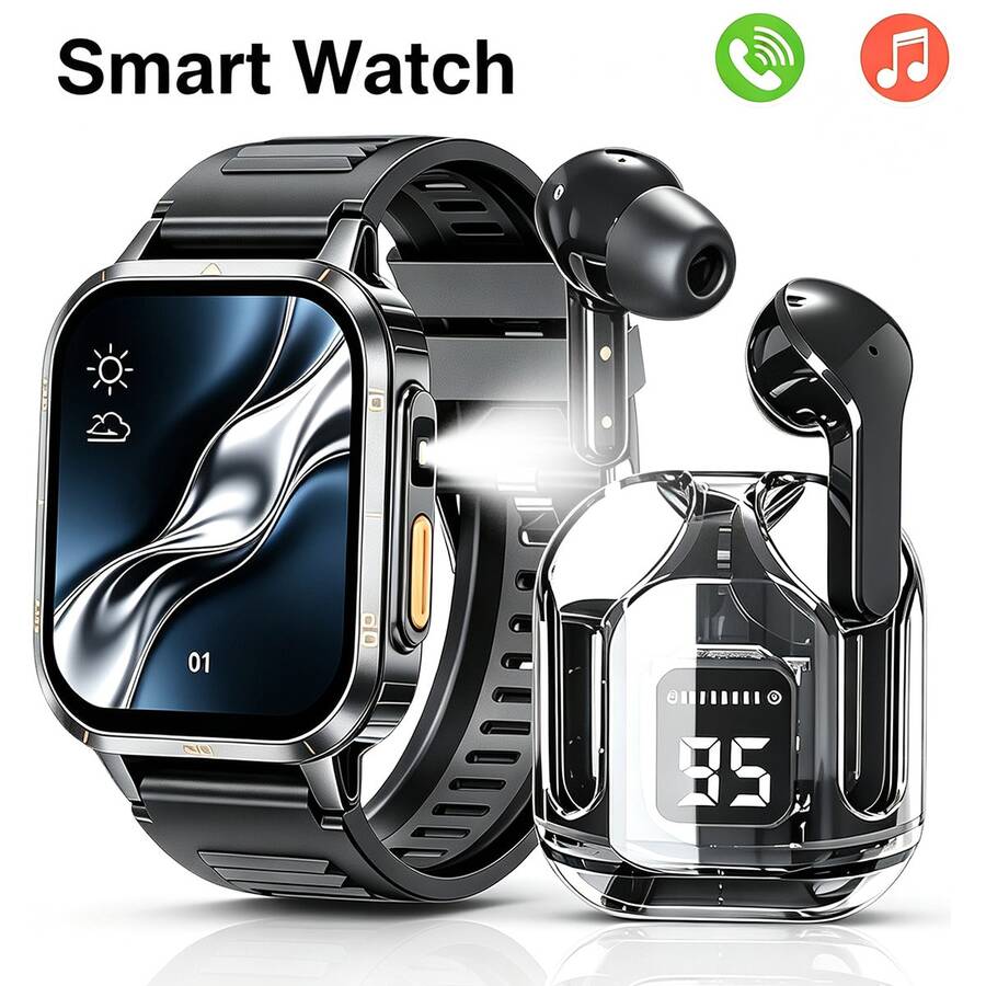 ZhiKexing Sports Smart Watch + Earphone Set, 1.83 Inch Full Screen Touch Sports Smart Watch, 260MAH Battery With LED Light, Suitable For Men And Women Sports Outdoor Smart Watch, With Wireless Call/Message Reminder/Multiple Sports Modes, Information Reminder Multi-Function Phone Answer/Dial, Remote Photo/Music Playback, Sports Log Fitness Smart Watch, Wireless Connection Compatible With IOS And Android Phones, Holiday Gift - View 1