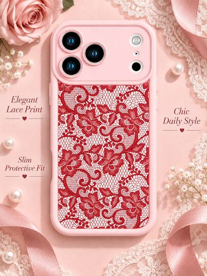 1pc Pink Vintage Lace Butterfly Phone Case, Red Floral Hollow Print Protective Cover Compatible With IPhone 18 17 16 15 14 13 12 11/Pro/ProMax/X/XR/XS/XSMAX/7/8/PLUS, /Honor, Sweet Romantic Girly Style Phone Case