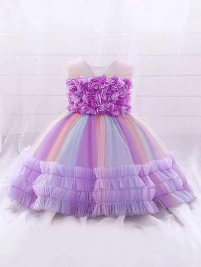 Baby Girl Round Neck 3D Floral Dreamy Colorful Tulle Cute Flower Girl Puff Dress Suitable For Wedding Birthday Party Holiday, Headband Not Included