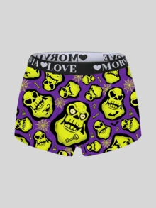 Morvia 6 Pack Halloween Punk Women Boxer Briefs, Skull Pumpkin Bat Ghost Print Wide Letter Elastic Waist Underwear - Multicolor - View 3
