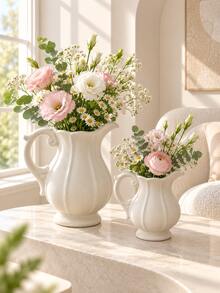 1pc White Ceramic Water Pitcher Vase With Handle And Wavy Spout, Textured Pottery Decorative Flower Vase, Vintage Farmhouse Style Home Decor, Suitable For Living Room, Entryway, Shelf, Mantel, Dining Table Centerpiece, Wedding And Housewarming Gift - Kettle Vase - View 10