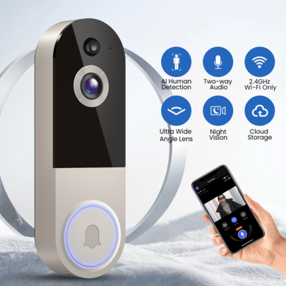 1080P Wireless Video Doorbell Camera, Outdoor Surveillance Cameras, FHD Live View, Cloud Storage, AI Human Detection, Instant Alert, Night Vision, Two Way Audio, 2.4G WiFi Only 5000 MAh Battery