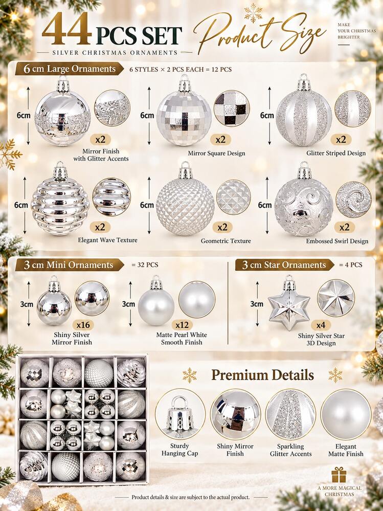 44pcs Silver Christmas Ball Ornaments, 3cm And 6cm Mixed Sizes, Including Matte, Mirror, Striped, Woven, Embossed And Star Patterns, Elegant Hanging Christmas Tree Decorations, Suitable For Christmas Party, Wedding, Holiday Home, Fireplace And Wreath Decoration - Silver - View 3