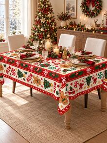1pc-Retro Gingerbread Man Christmas Table Cover, Red Green Cream Holiday Tablecloth With Candy Cane & Christmas Tree Print, Winter Xmas Dining Room Tabletop Decoration, Lovely Festive Table Linen For Holiday Celebration - Multicolor - View 3
