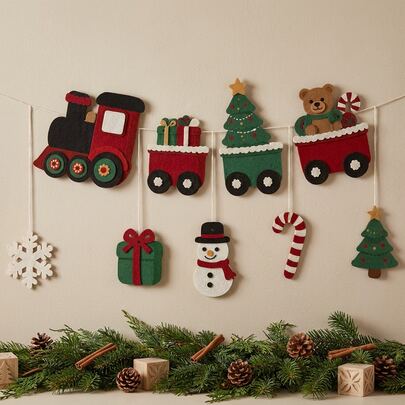 Felt Christmas Train Themed Garland, Hanging Bunting Decor With Locomotive, Gift Boxes, Christmas Tree, Bear, Snowman, Candy Cane And Snowflake Ornaments For Holiday Home Wall Decoration