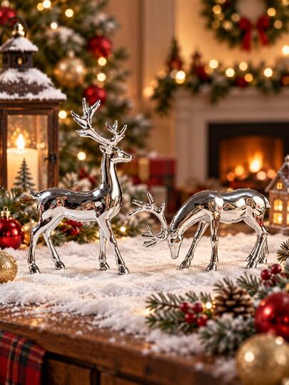 2/1pc-Silver Reindeer Figurine, Christmas Home Decor, Christmas Holiday Decoration, Christmas Electroplated Silver Reindeer Figurine, Christmas Gift, Christmas Table Decoration, Home Decor Figurine, Holiday Decoration, Christmas Party Supplies, Christmas Decoration, Christmas Indoor Decoration, Christmas Gift, Christmas Table Decoration, Suitable For Decorating Bookshelves, Living Room, Bedroom, Windowsill, Desktop, Etc.
