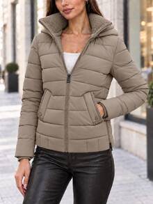 Women's Textured Collar Zip Up Hooded Quilted Padded Jacket With Flap Pockets - Khaki - View 1