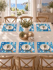 Ocean Nautical Theme Placemats, Blue Wood Grain Starfish Shell Anchor Sailboat Print Table Mats, Suitable For Dining Table Kitchen Beach Vacation Style Home Decor, Party Gathering Setup - Multicolor - View 3