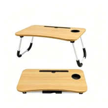 1pc Wood Grain Folding Bed Desk, With Cup Slot, Card Slot And Non-Slip Table Legs, Foldable Lazy Laptop Desk For Reading And Working In Bed, Suitable For Dorm Study, Watching Videos And Working In Bed - Multicolor - View 5