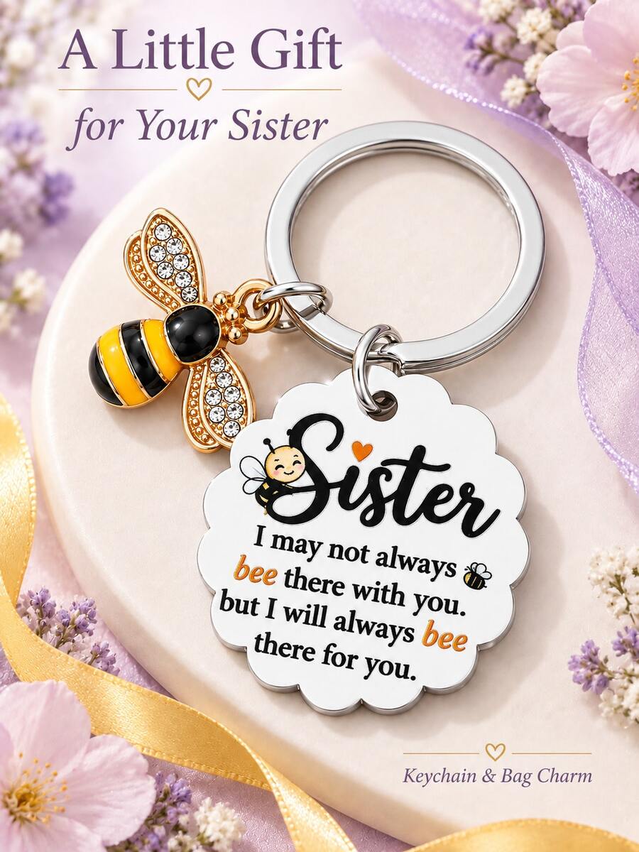 1pc/3pcs Sister Bee Keychain, Scalloped Bag Charm With Always Bee There For You Message, Thanksgiving And Christmas Gift For Sister, Purse Accessory