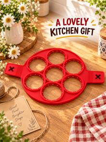 7-Cavity Red Silicone Pancake Mold, Nonstick Round Egg Ring With Side Handles, Heat-Resistant Breakfast Cooking Mold For Pancakes, Fried Eggs, Crepes And Home Kitchen Brunch - Multicolor - View 9
