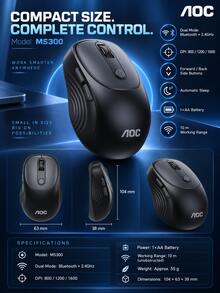 AOC MS300 Wireless Dual-Mode Bluetooth Mouse, Ergonomic Portable Office Mouse, Universal For Desktop And Laptop, Available In Black, White, Pink, And Multiple Colors - View 7