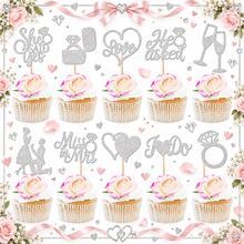 10/20PCS Silver Wedding Cupcake Toppers, Glitter Engagement Cake Picks With She Said Yes Ring Love He Asked I Do Designs, Bridal Shower Party Dessert Table Decorations - Silver - View 7